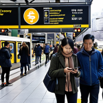 **

A modern city street scene at rush hour. In the foreground, a diverse group of people are quickly paying for subway tickets using their smartphones with digital currency apps. In the background, smart parking systems guide cars to available spots. Above, a digital display shows real-time traffic data and public service announcements. The overall mood is efficient, connected, and technologically advanced. Focus on conveying the ease and speed of digital currency in urban transportation and public services.

**