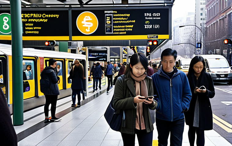 **

A modern city street scene at rush hour. In the foreground, a diverse group of people are quickly paying for subway tickets using their smartphones with digital currency apps. In the background, smart parking systems guide cars to available spots. Above, a digital display shows real-time traffic data and public service announcements. The overall mood is efficient, connected, and technologically advanced. Focus on conveying the ease and speed of digital currency in urban transportation and public services.

**