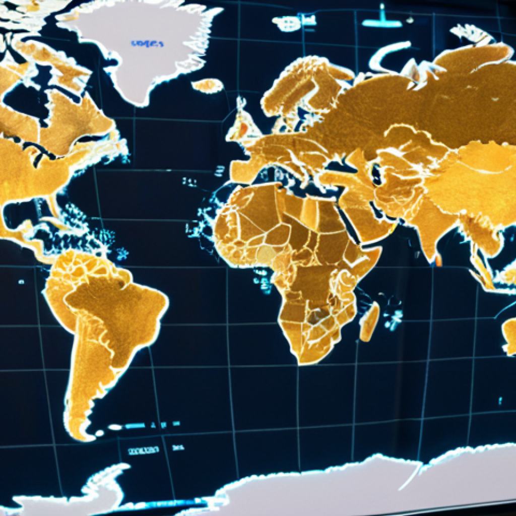 **A digital currency coin superimposed on a world map, highlighting areas with active cryptocurrency adoption. Blockchain background with interconnected nodes.** (Focus: Global impact of digital currency)
