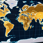 **A digital currency coin superimposed on a world map, highlighting areas with active cryptocurrency adoption. Blockchain background with interconnected nodes.** (Focus: Global impact of digital currency)