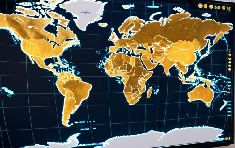 **A digital currency coin superimposed on a world map, highlighting areas with active cryptocurrency adoption. Blockchain background with interconnected nodes.** (Focus: Global impact of digital currency)