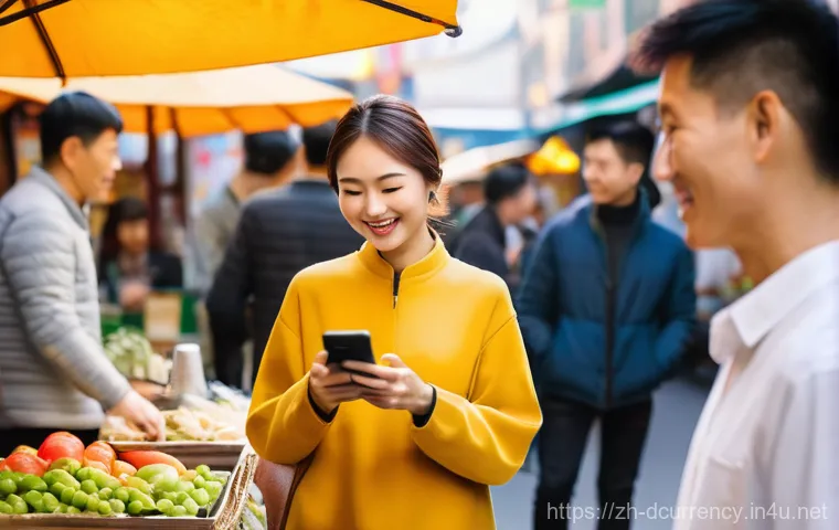디지털화폐와 블록체인 기반 결제 시스템 - **Prompt:** "A bustling, modern street market in a Chinese city at golden hour. Diverse people, incl...