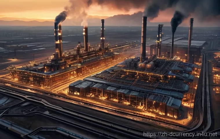 디지털화폐의 환경적 영향 분석 - **Prompt 1: The Industrial Heartbeat of PoW Mining**
    "A vast, sprawling industrial complex at du...