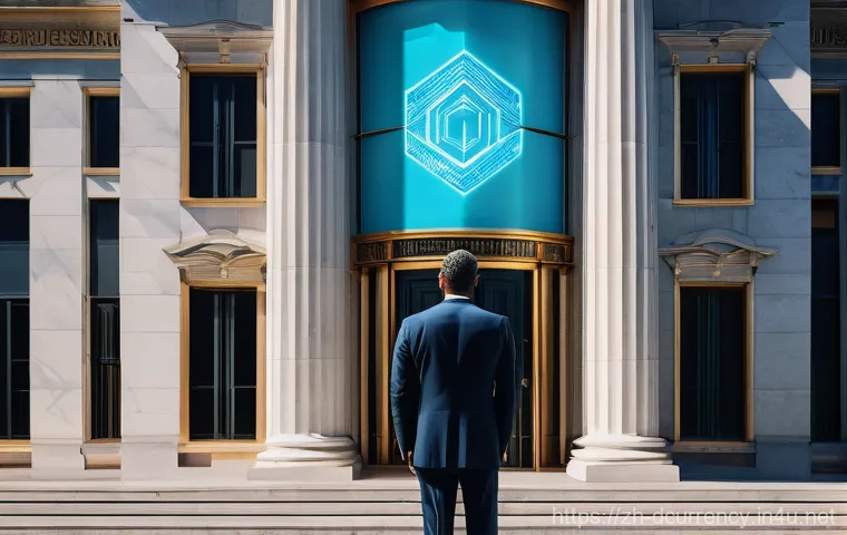 디지털화폐의 정책적 고려 사항 - **Prompt:** A majestic, neoclassical bank building stands under a clear, bright sky, its classic sto...