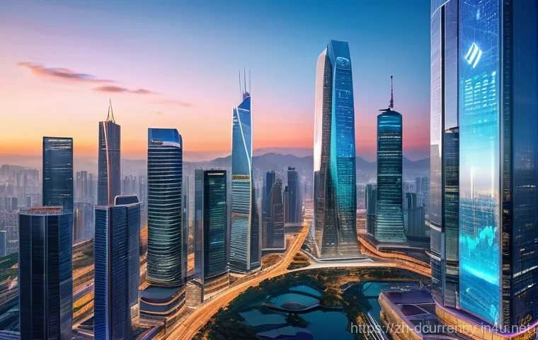디지털화폐의 글로벌 경쟁력 - **Prompt:** A dynamic, wide-angle shot of a futuristic global financial hub at dawn. The cityscape i...