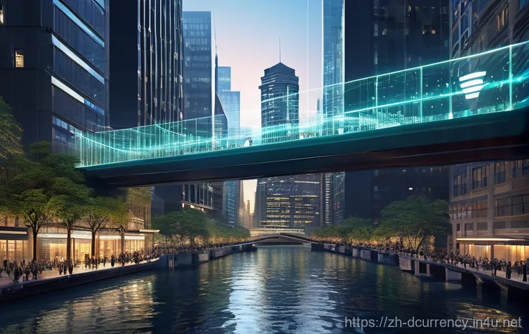 디지털화폐의 글로벌 경쟁력 - **Prompt:** A dynamic, wide-angle shot of a futuristic global financial hub at dawn. The cityscape i...