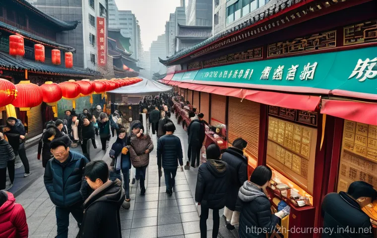 디지털화폐 국가별 채택 사례 - **Chinese Digital Yuan (e-CNY) in a Bustling City**
    "A vibrant, high-angle wide shot of a modern...