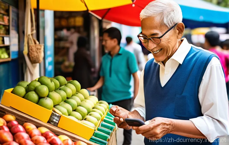 디지털화폐의 사회적 역할 - **Prompt**: A vibrant, modern street market bustling with diverse people of all ages, seamlessly int...