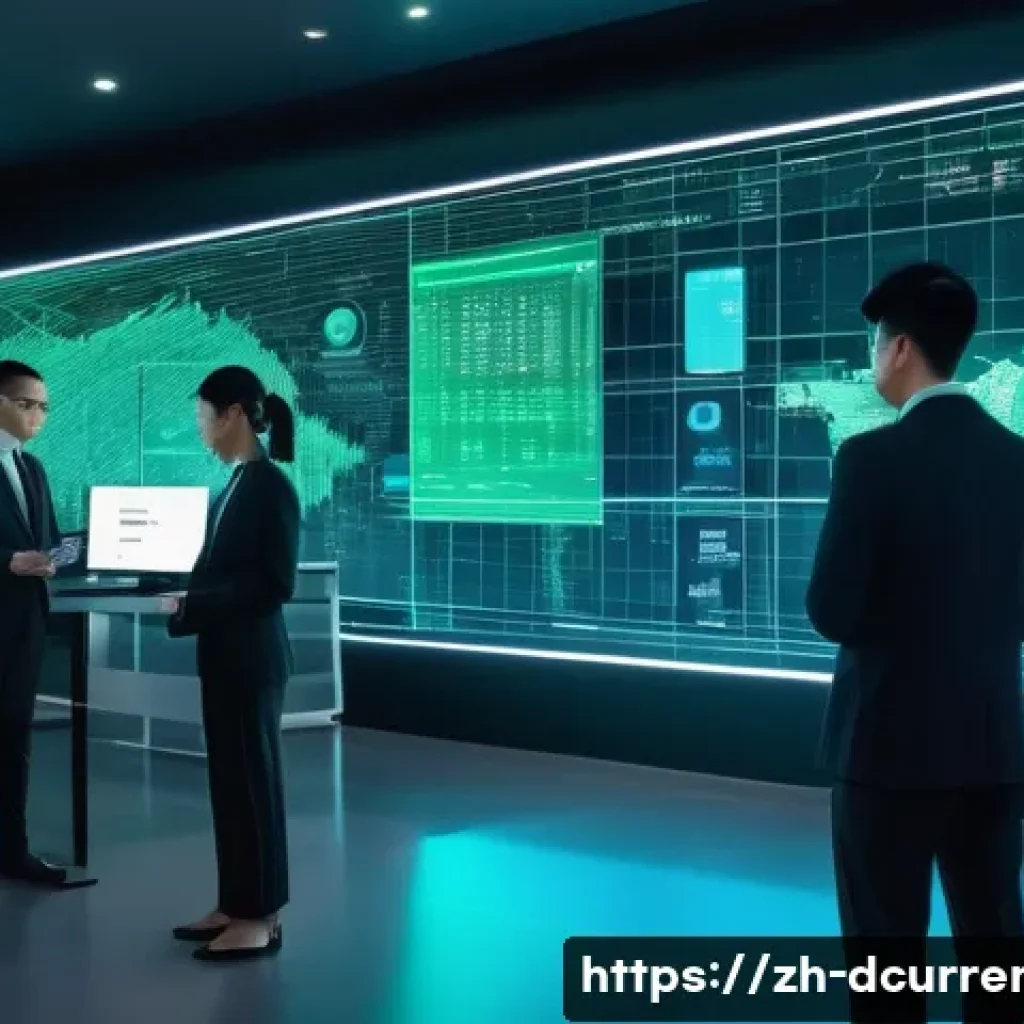 디지털화폐와 금융 혁신 - A futuristic financial office scene featuring diverse professionals interacting with holographic blo...