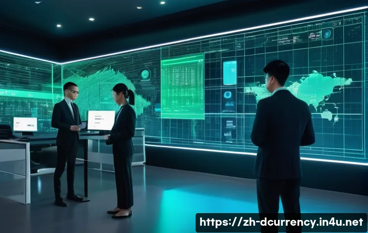 디지털화폐와 금융 혁신 - A futuristic financial office scene featuring diverse professionals interacting with holographic blo...