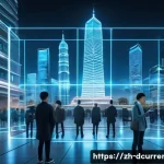 디지털화폐와 공공의 경제적 효과 - A futuristic cityscape showcasing a government building with transparent digital blockchain ledgers ...