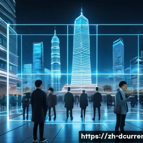 디지털화폐와 공공의 경제적 효과 - A futuristic cityscape showcasing a government building with transparent digital blockchain ledgers ...