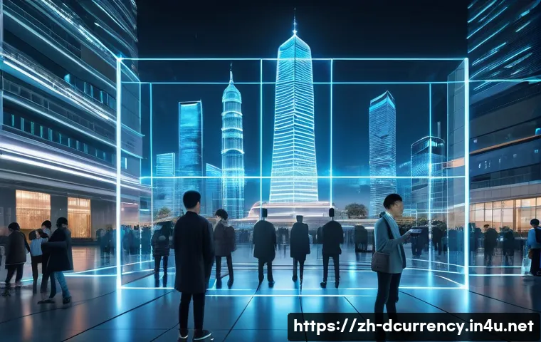 디지털화폐와 공공의 경제적 효과 - A futuristic cityscape showcasing a government building with transparent digital blockchain ledgers ...