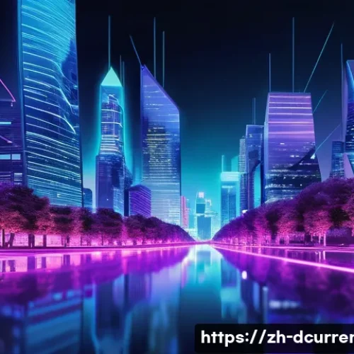 디지털화폐 시장 현황 - A futuristic digital cityscape at night illuminated by glowing blockchain nodes interconnected with ...