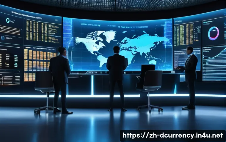 디지털화폐와 관련된 정부 규제 동향 - A futuristic digital currency regulatory control room, featuring diverse international regulators co...