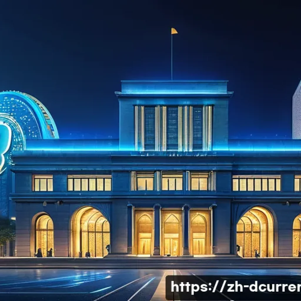디지털화폐와 암호화폐의 차이점 - A futuristic cityscape with digital currency symbols floating above, featuring a large, sleek centra...