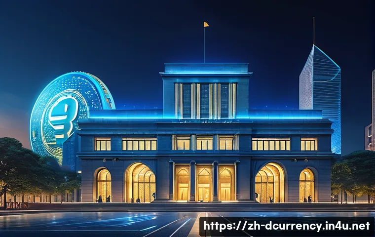 디지털화폐와 암호화폐의 차이점 - A futuristic cityscape with digital currency symbols floating above, featuring a large, sleek centra...
