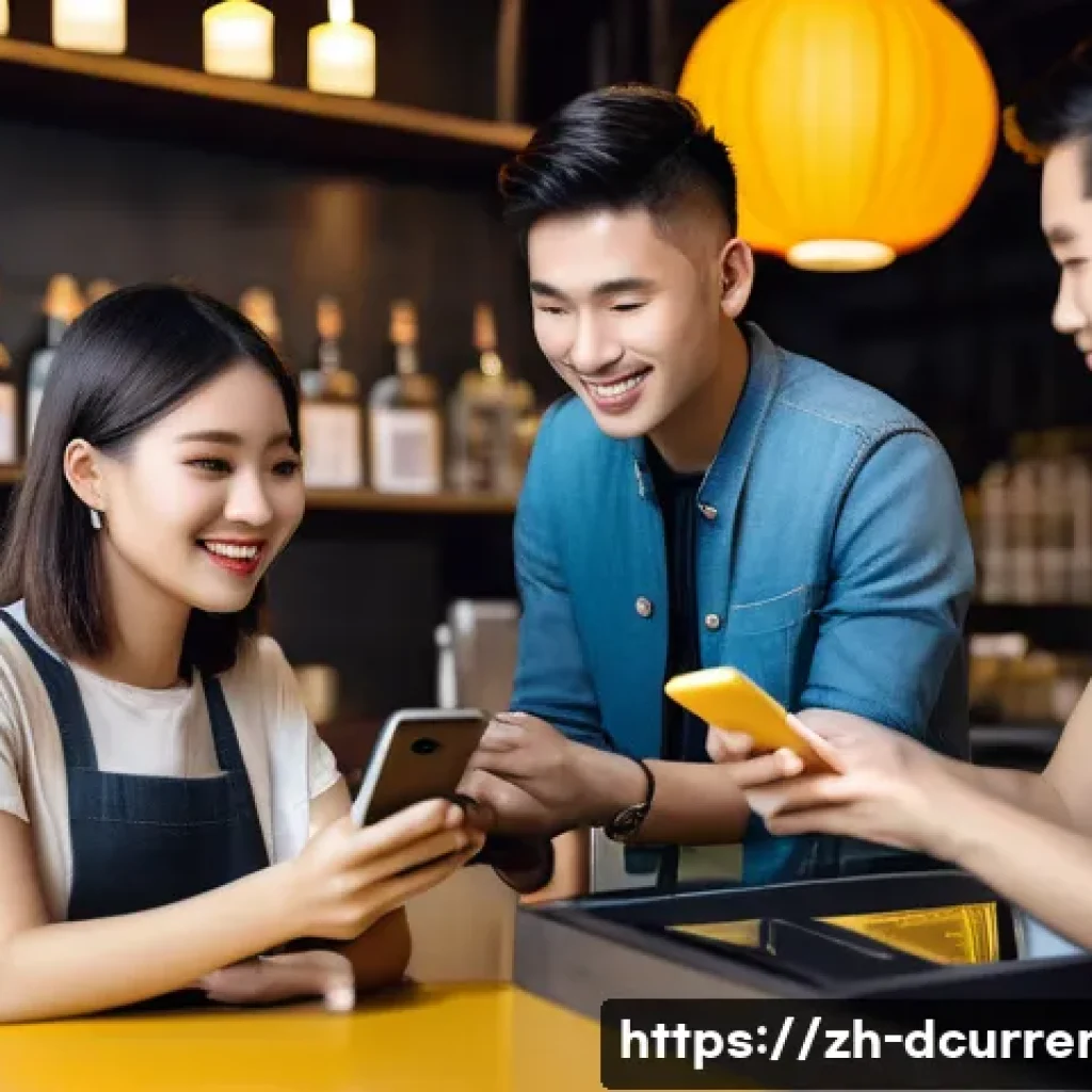 디지털화폐와 전통화폐의 관계 - A futuristic digital payment scene showing a diverse group of young Chinese adults in a modern caf&eacute; ...