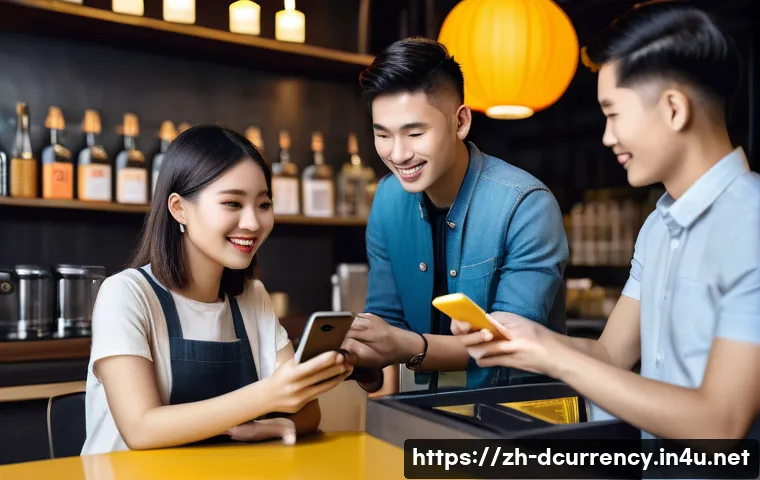 디지털화폐와 전통화폐의 관계 - A futuristic digital payment scene showing a diverse group of young Chinese adults in a modern caf&eacute; ...