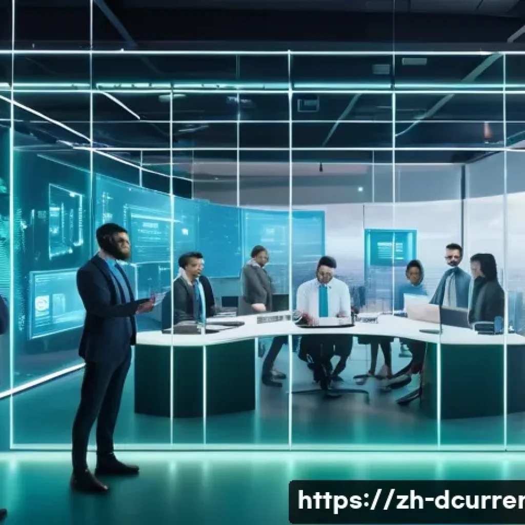 디지털화폐 기반의 금융 서비스 - A futuristic financial technology scene showcasing a diverse group of professionals interacting with...
