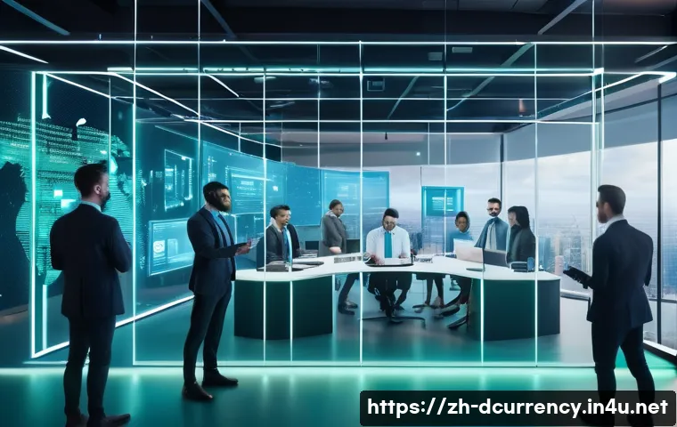 디지털화폐 기반의 금융 서비스 - A futuristic financial technology scene showcasing a diverse group of professionals interacting with...
