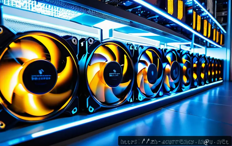 디지털화폐의 채굴 장비 - A high-tech cryptocurrency mining farm interior featuring rows of advanced mining rigs such as Bitma...