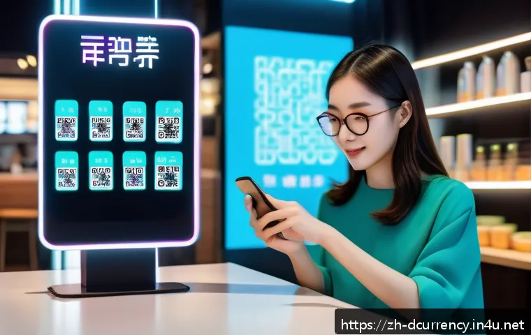 디지털화폐의 혁신적 활용 사례 - A futuristic digital payment scene inside a modern coffee shop in a bustling Chinese city, young adu...