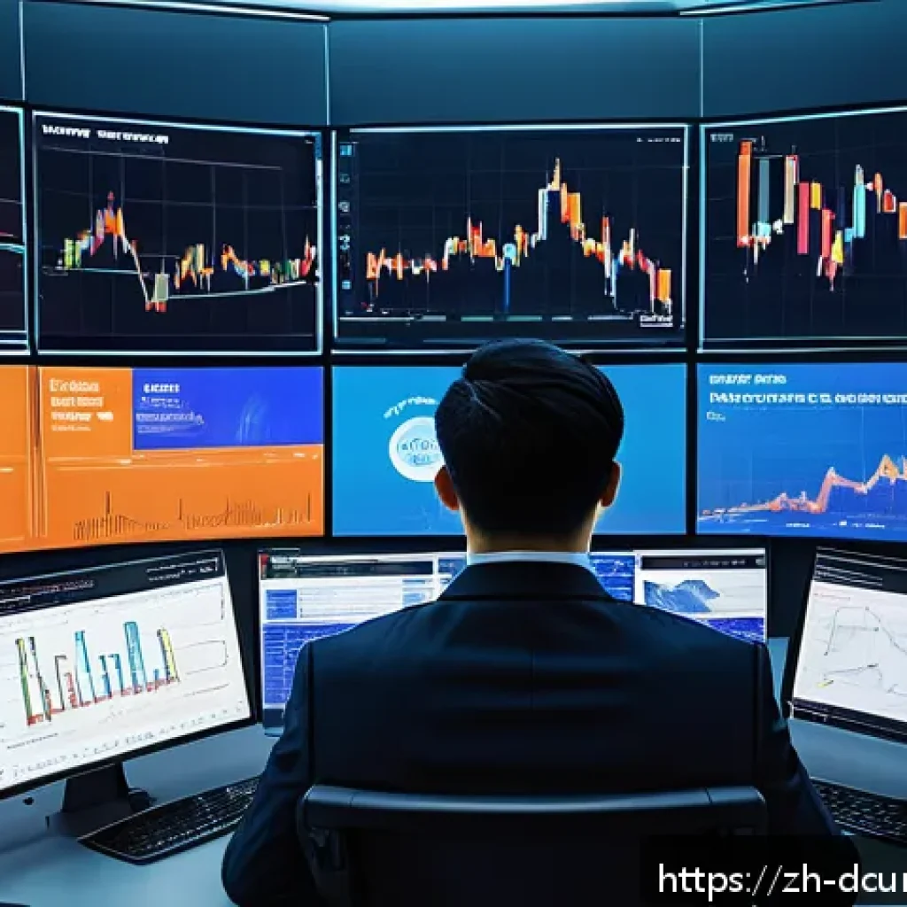 디지털화폐의 실시간 거래 분석 - A futuristic digital trading room featuring multiple holographic screens displaying complex cryptocu...