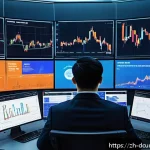 디지털화폐의 실시간 거래 분석 - A futuristic digital trading room featuring multiple holographic screens displaying complex cryptocu...