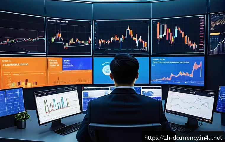디지털화폐의 실시간 거래 분석 - A futuristic digital trading room featuring multiple holographic screens displaying complex cryptocu...