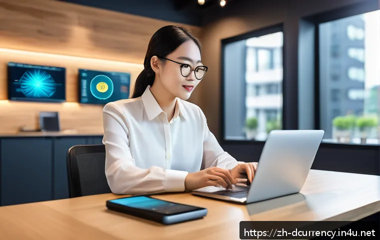 디지털화폐 거래시 유의사항 - A modern digital currency trading scene showing a confident Asian professional woman in business cas...