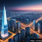 디지털화폐 시장 전망 - A futuristic digital cityscape illustrating the integration of blockchain technology and digital cur...