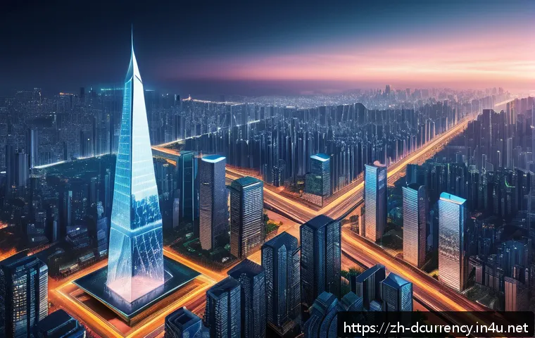 디지털화폐 시장 전망 - A futuristic digital cityscape illustrating the integration of blockchain technology and digital cur...