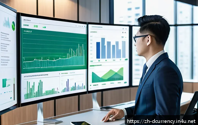 디지털화폐와 환경 문제 - A futuristic blockchain-powered green finance dashboard interface, displaying real-time transparent ...