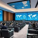 디지털화폐의 국제적 법적 대응 - A futuristic financial regulatory conference scene set in a sleek, high-tech auditorium with diverse...