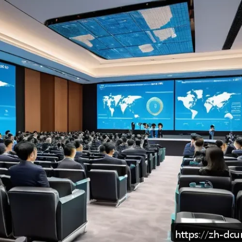 디지털화폐의 국제적 법적 대응 - A futuristic financial regulatory conference scene set in a sleek, high-tech auditorium with diverse...