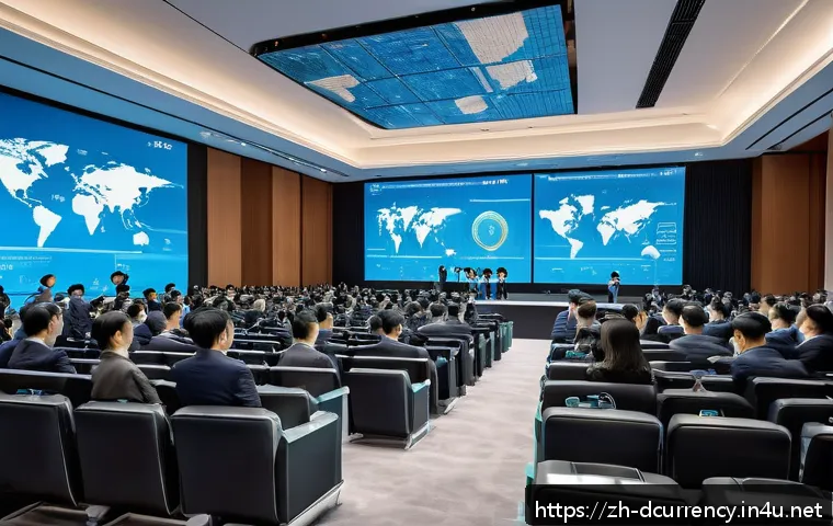 디지털화폐의 국제적 법적 대응 - A futuristic financial regulatory conference scene set in a sleek, high-tech auditorium with diverse...